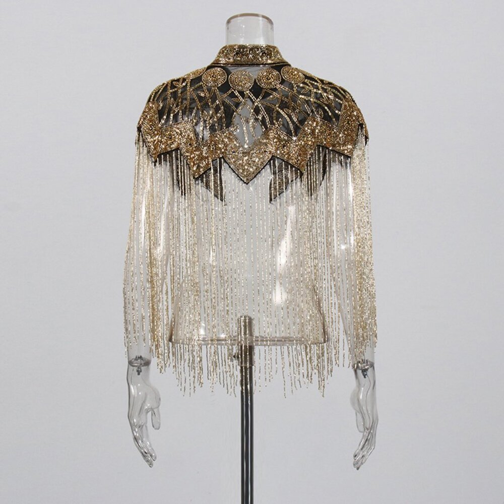 Glamorous Hand-Beaded Capelet - Sparkling Fringe Shawl Overlay - Picture 4 of 12